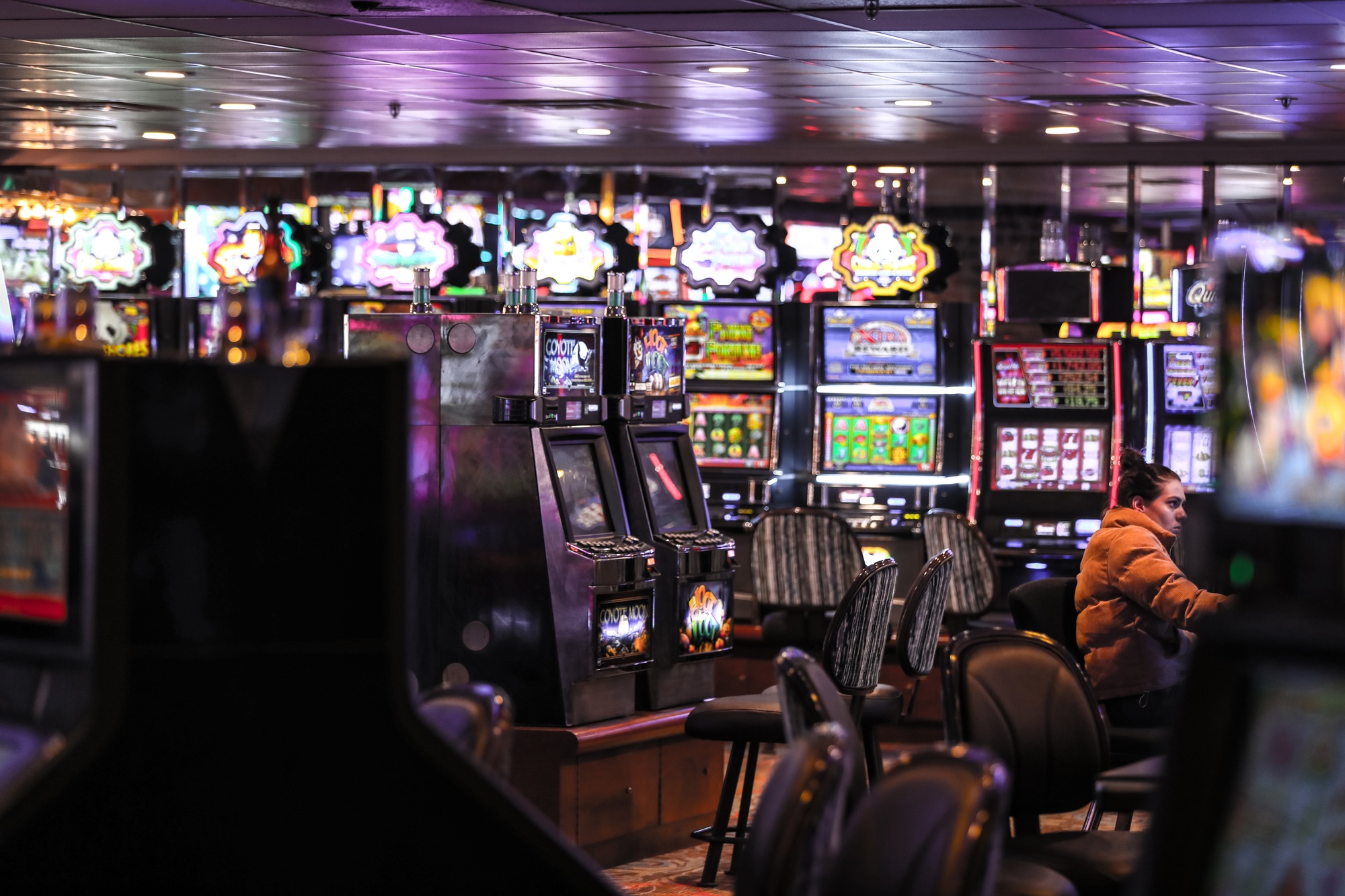 Casino slot machine hall at a historic hotel in Downtown Las Vegas.